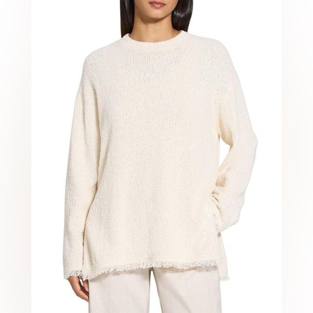 Theory Relaxed Ivory Terry Boucle Knit Sweater Frayed Hem Crewneck NWT $345